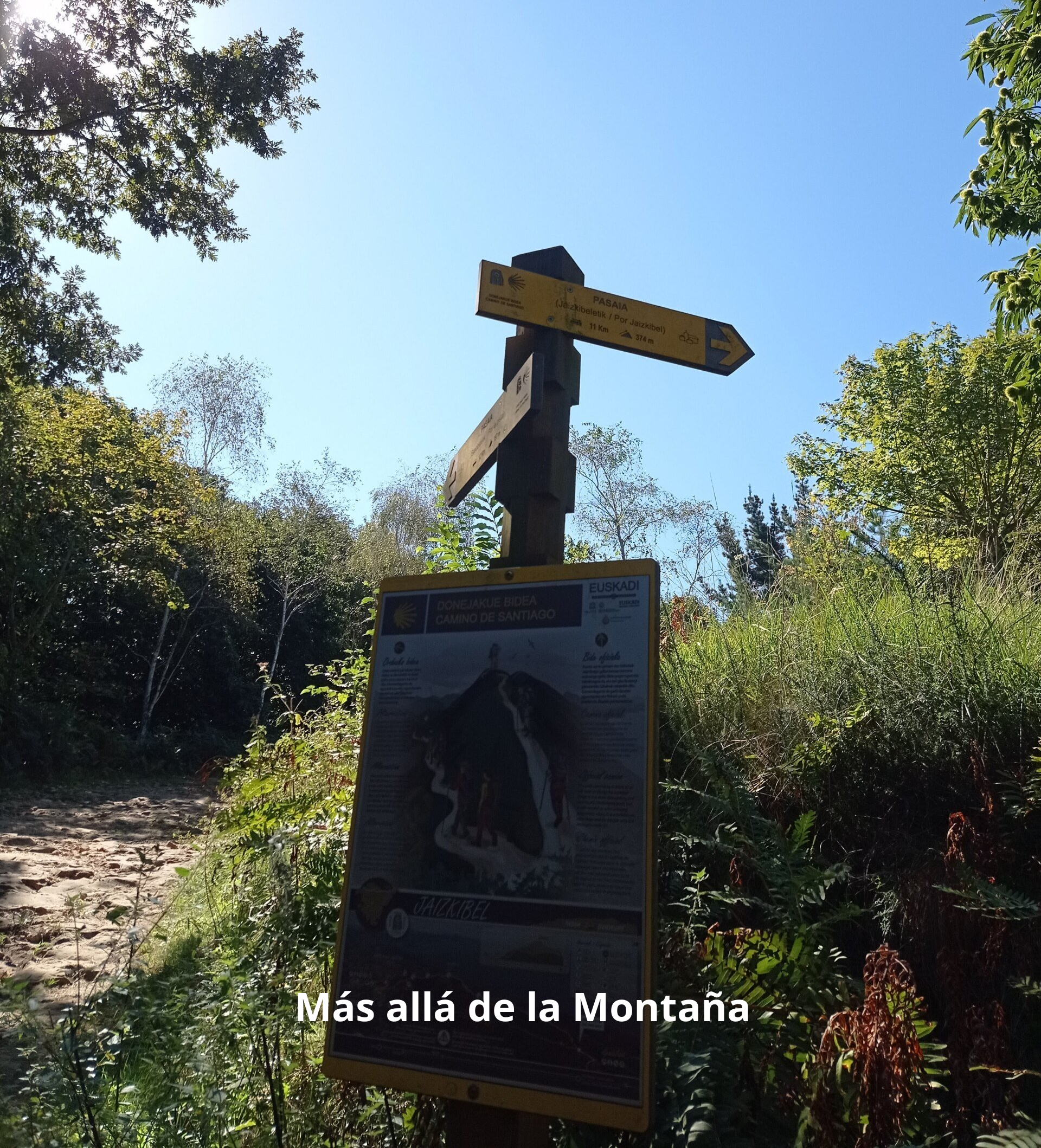 Al poco tiempo nos encontramos con una señal que no da dos opciones, continuar por la pista siguiendo el camino tradicional o bien seguir el sendero que se interna en el bosque y asciende a Jaizkibel.