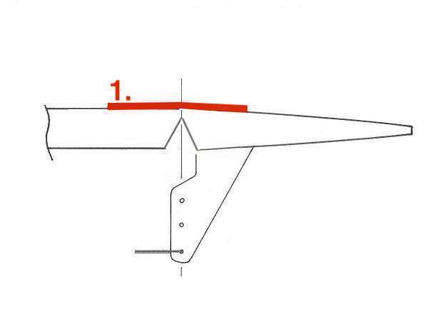 Die erste Schicht Blenderm-Tape wird zur Hälfte an der Tragfläche aufgeklebt und dann das Ruder positioniert Blenderm-Scharnier