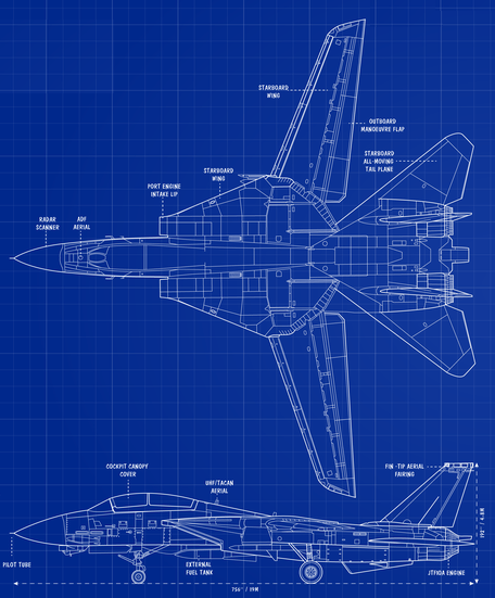 F-14 Profilbild als technische Blaupause vor blauem Hintergrund