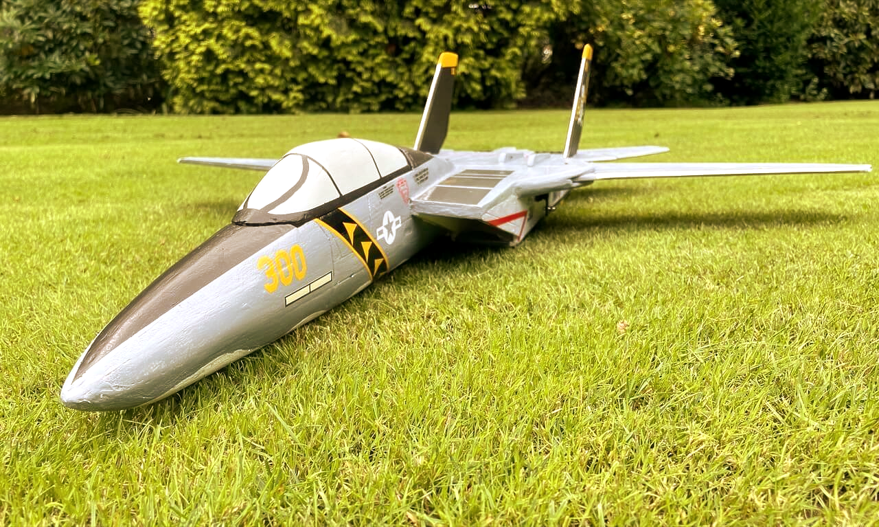 Blick von vorne auf das Modelllfugzeug einer F-14 Tomcat.