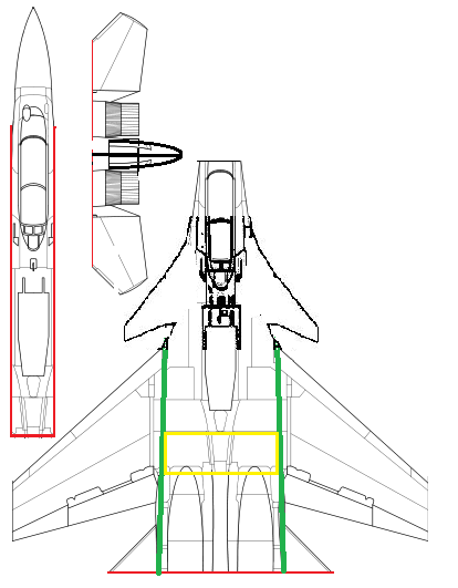 Die Canards wurden aus einer anderen Grafik hinzugefügt und überlagert. Bauplan Draufsicht mit Canards modifiziert