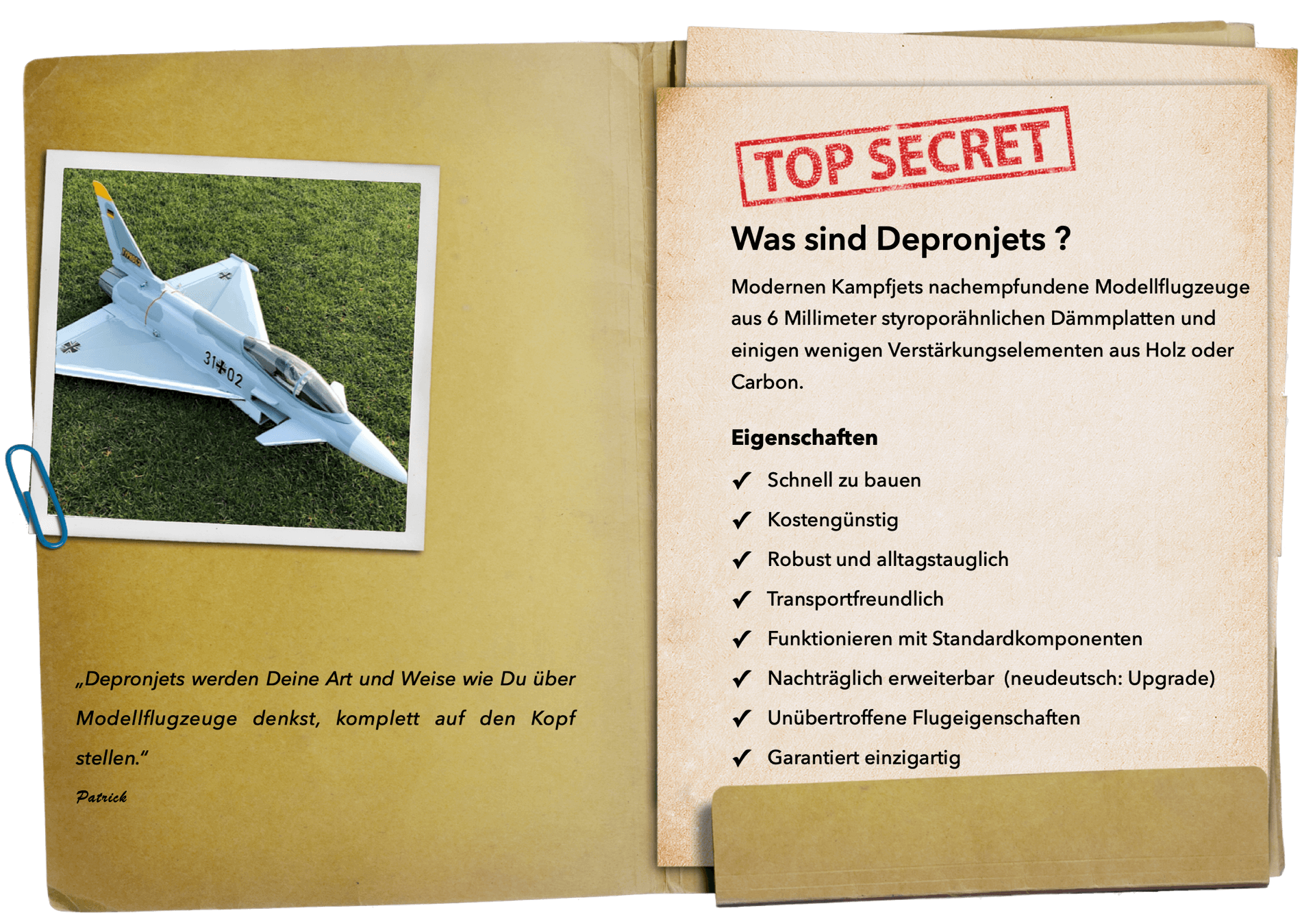 Depronjets - Zusammenfassung auf einen Blick. Depronjets Merkmale auf einen Blick in Kurzform.