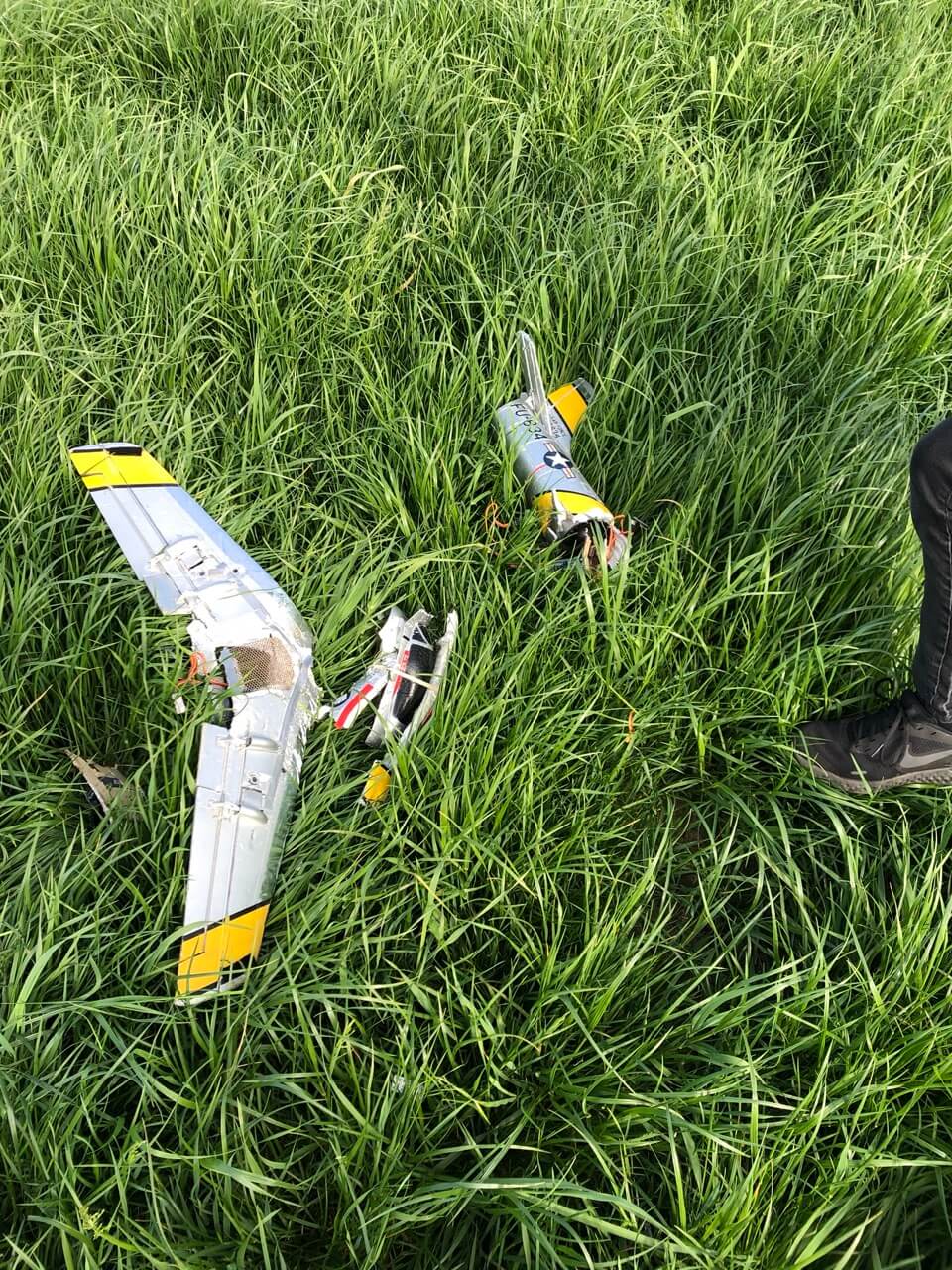 Crash des Modelllfugzeugs im Rasen