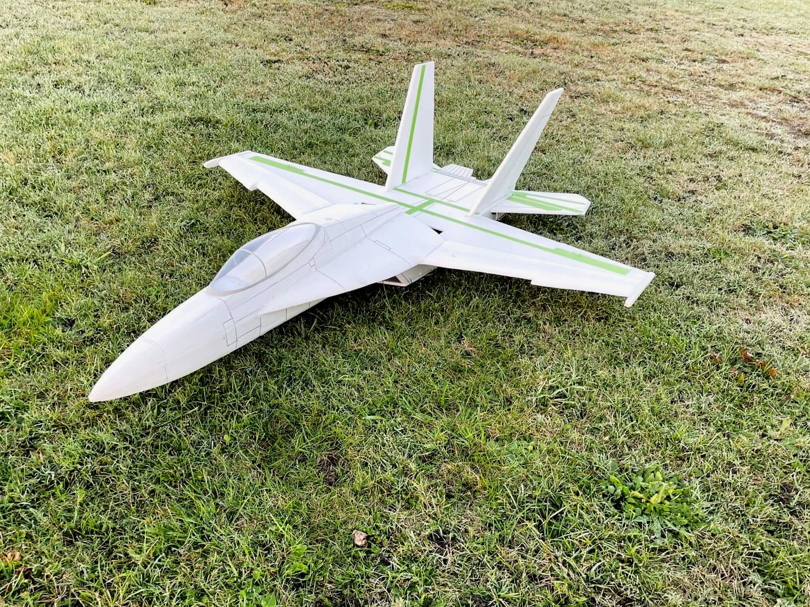 Bevor es zum Erstflug ging, habe ich noch ein paar Fotos gemacht. Man weiß ja nie.... Die fertige F-18 vor ihrem Erstflug auf dem Rasen.
