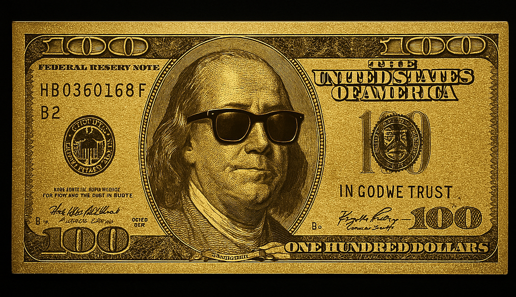 100 dollar bill with Ben Franklin wearing sunglasses