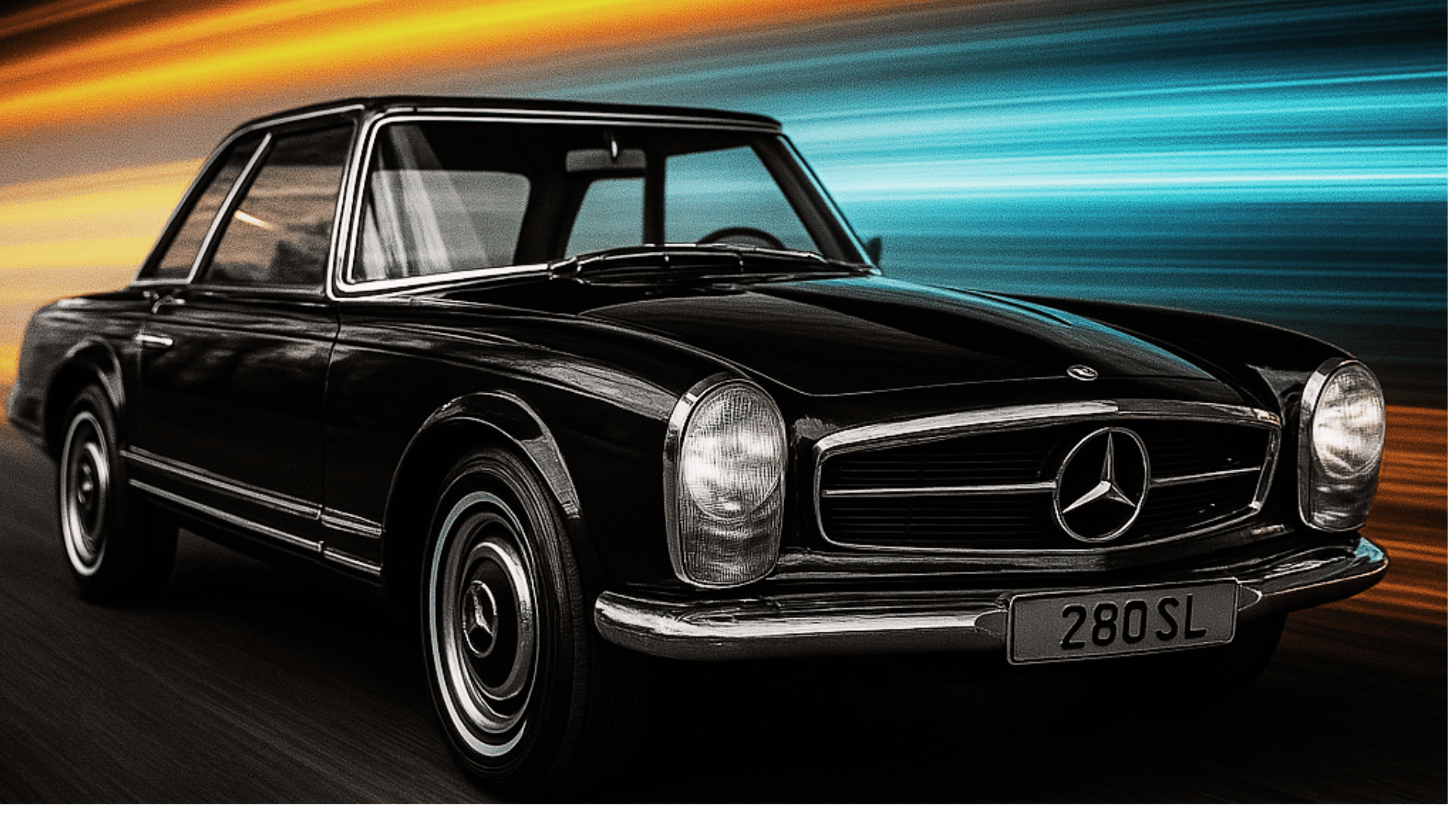 Classic black Mercedes-Benz with motion streaks, symbolizing high-performance digital marketing by Yes Digital Works