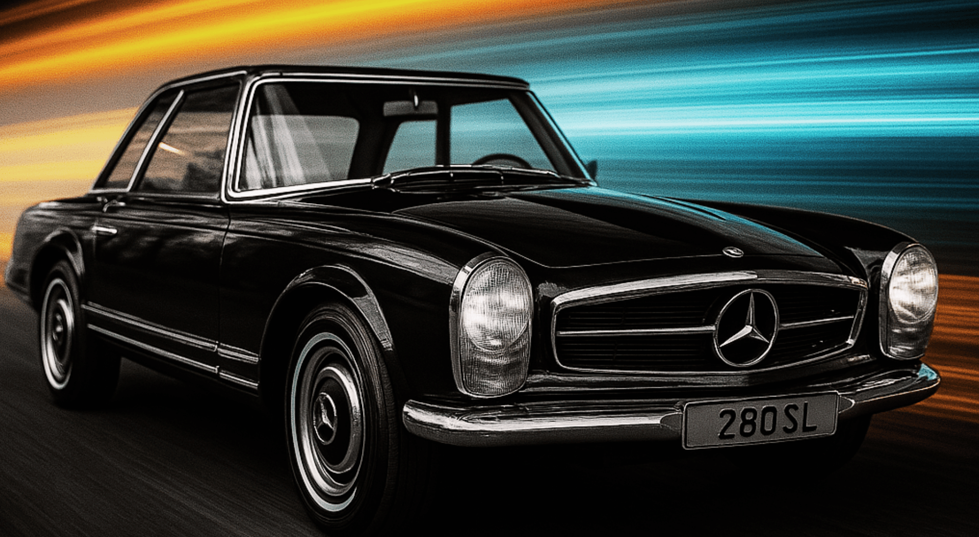 Classic black Mercedes-Benz with motion streaks, symbolizing high-performance digital marketing by Yes Digital Works