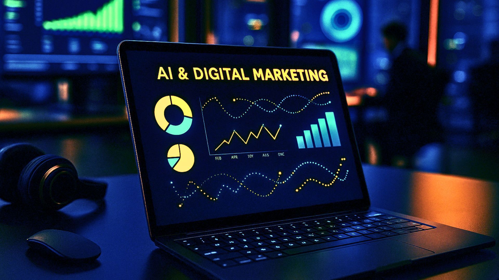 A high-tech digital marketing dashboard displaying real-time performance data, with neon-colored graphs and futuristic technology, symbolizing AI-driven marketing solutions.