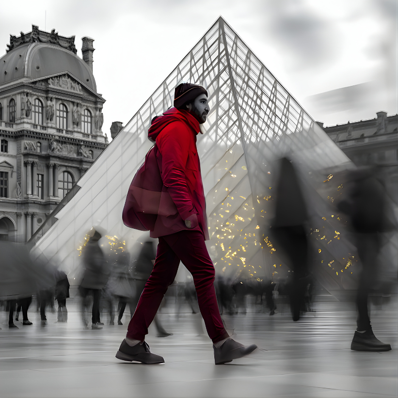 Man walking in front of Louvre.