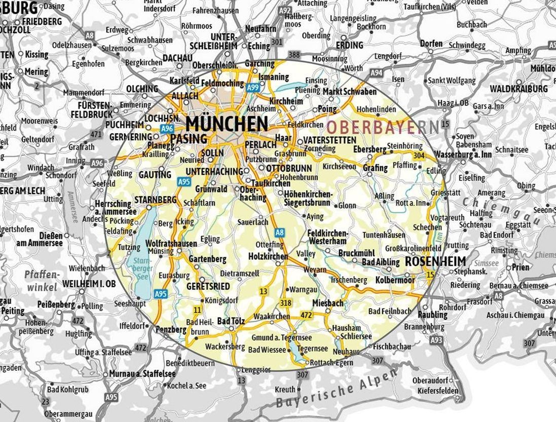 Einzugsgebiet als Landkarte abgebildet. Zu sehen ist der Münchner Süden bzw. das Oberland