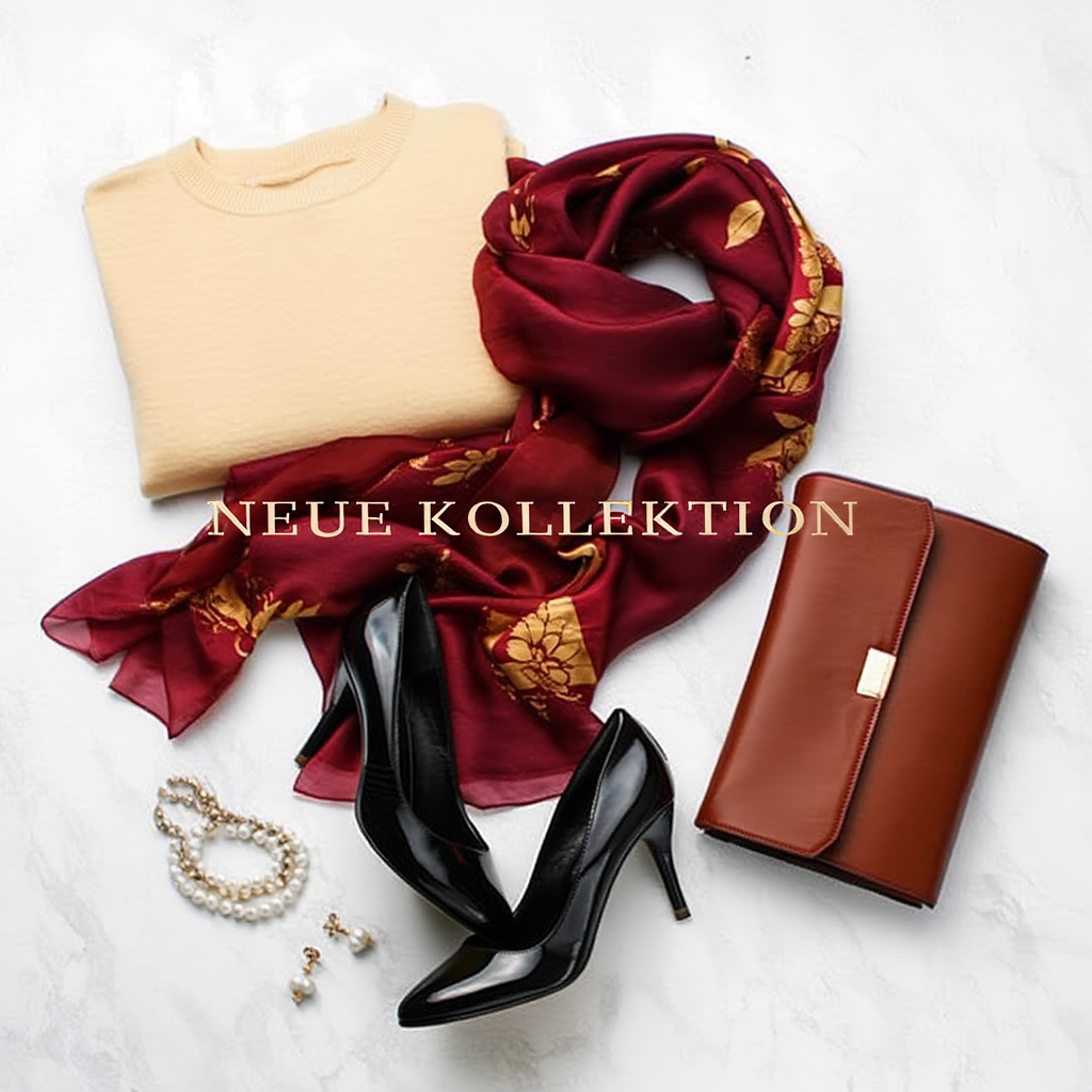 „Beiger Damenpullover mit rotem Seidentuch – Vorschau auf die neue Modekollektion.“