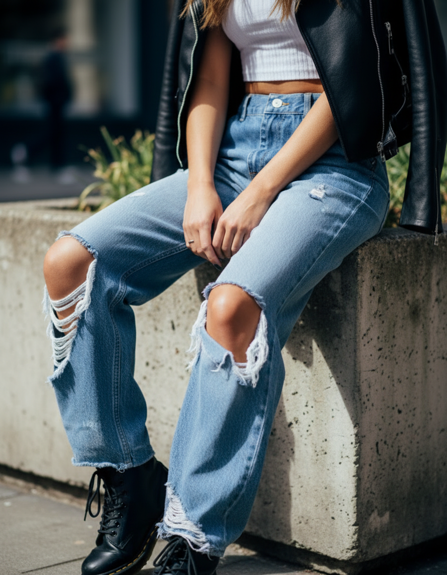 Detailshot von Distressed-Jeans mit modernem Streetstyle-Look.