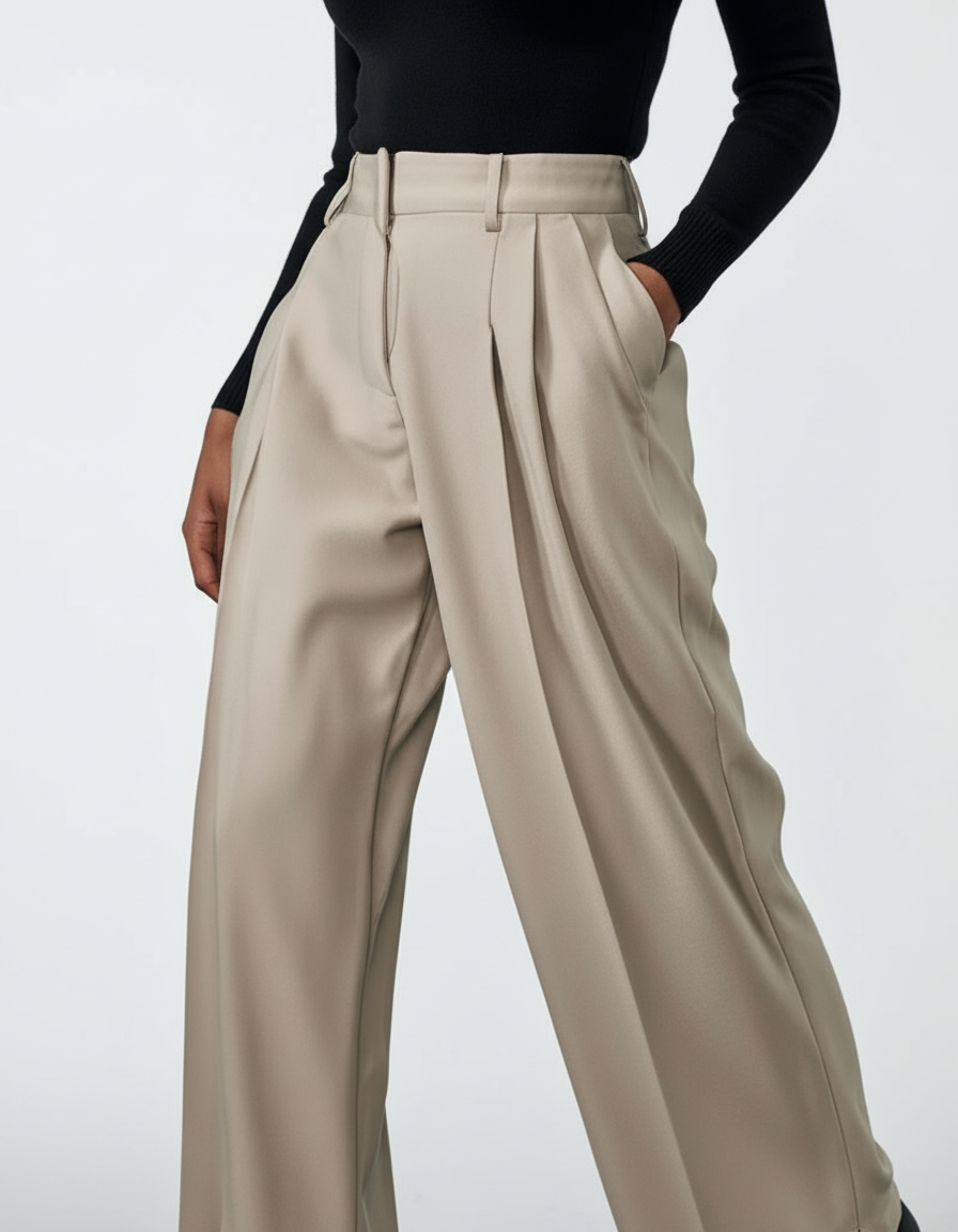 Modernes Business-Outfit mit schwarzem Longsleeve und beigefarbener High-Waist-Hose.