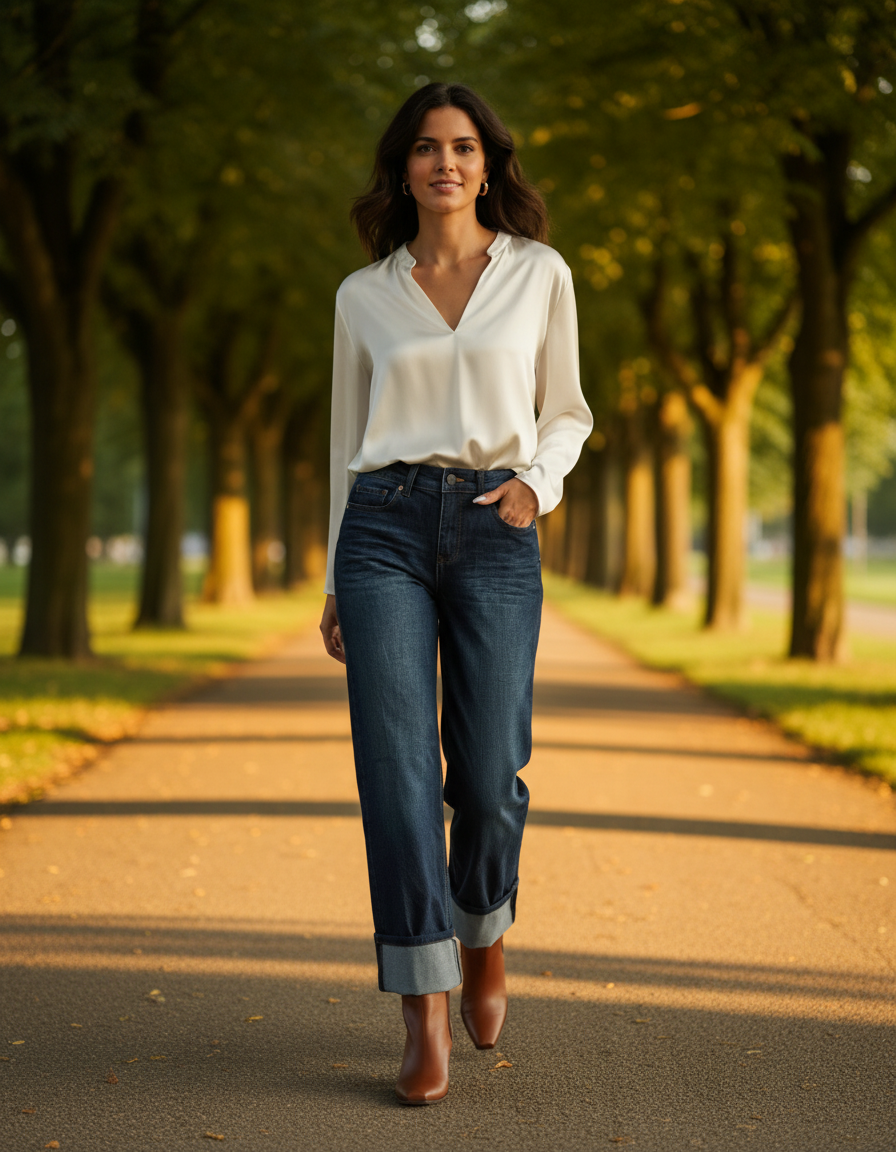 Eleganter Look mit weißer V-Bluse bei warmem Abendlicht.