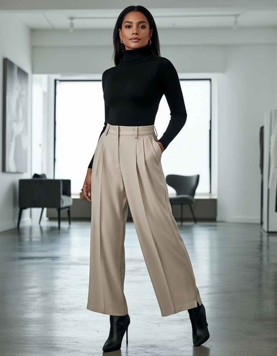 Modernes Outfit mit schwarzem Longsleeve und beigefarbener High-Waist-Hose.