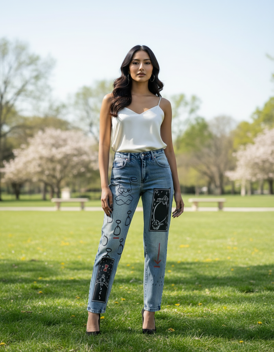 Sommerlook mit weißem Top und Jeans im Park.