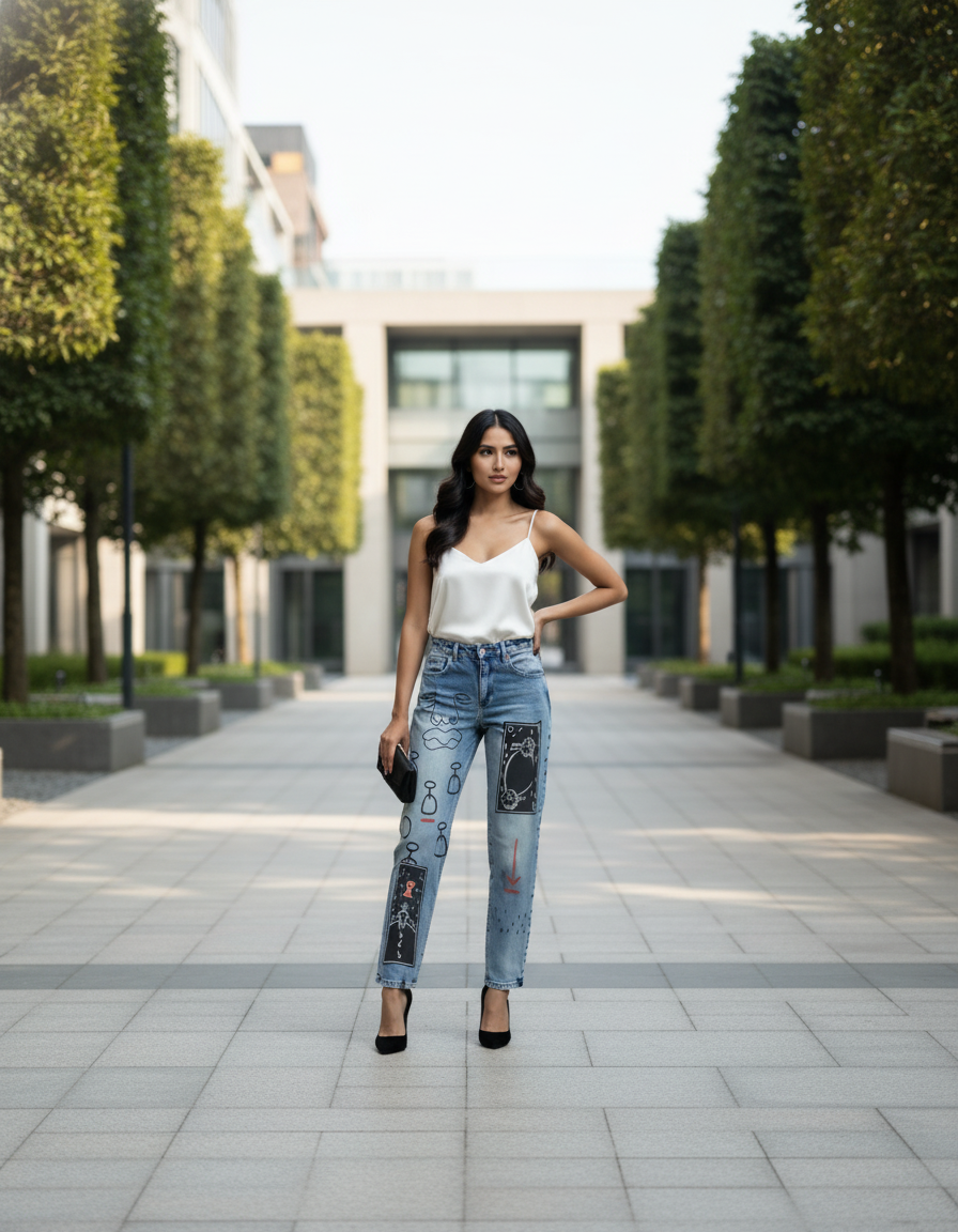 Damenoutfit mit weißem Top und Jeans beim Spaziergang im Park.