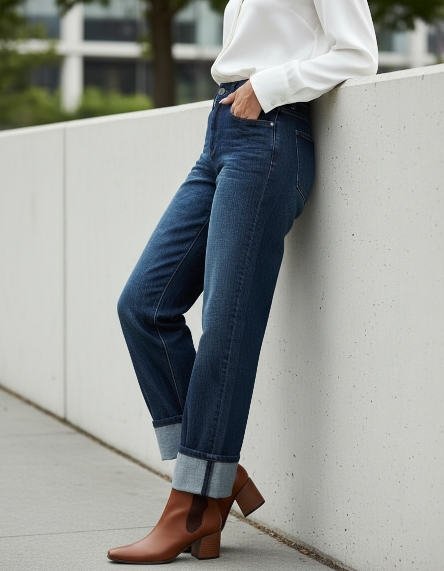 Detailshot von High-Waist-Jeans kombiniert mit weißem Langarmshirt.