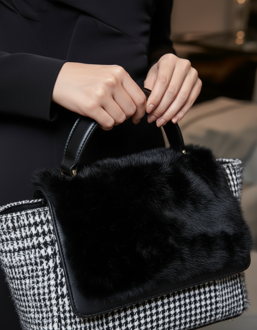 Detailaufnahme weiblicher Hände, die eine schwarze Handtasche halten.
