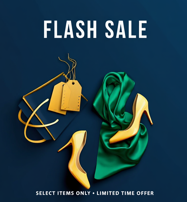 Flash Sale Banner – Fashion-Rabattaktion mit Kleidungs- und Accessoire-Elementen.“
