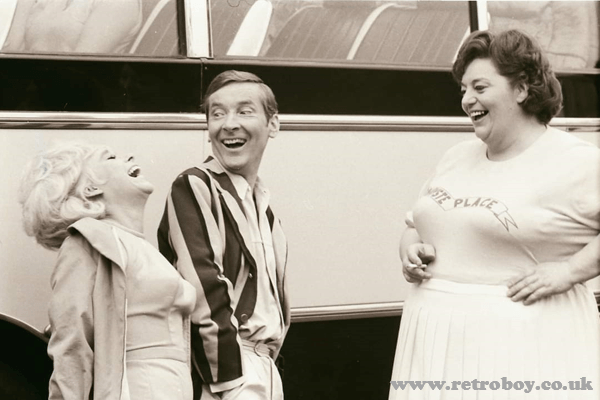 Barbara Windsor, Kenneth Williams & Hattie Jacques share a laugh together on the set of 'Carry On Camping' (1969)