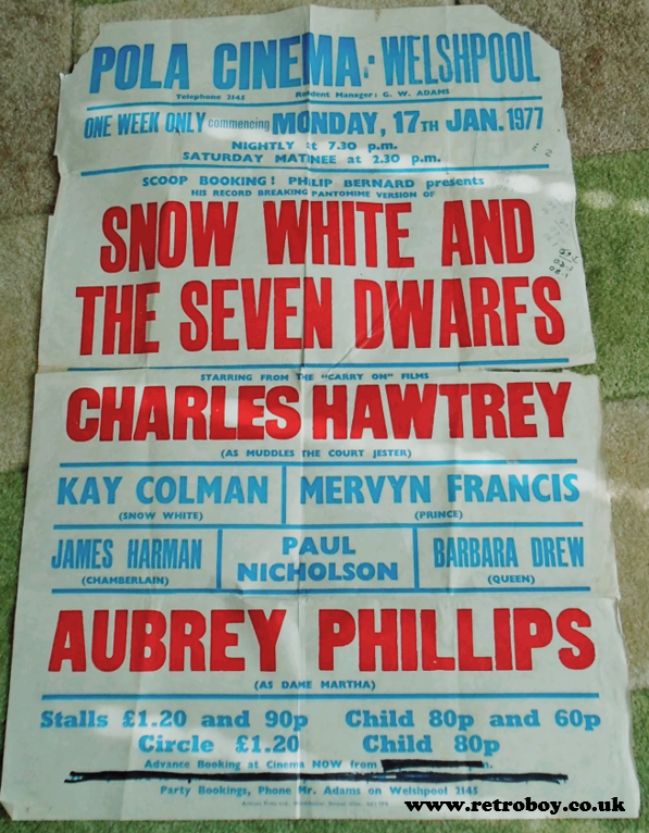 A 1977 poster for the panto 'Snow White & The Seven Dwarfs' starring Charles Hawtrey. Charles had sadly long since left the 'Carry On' films by then.