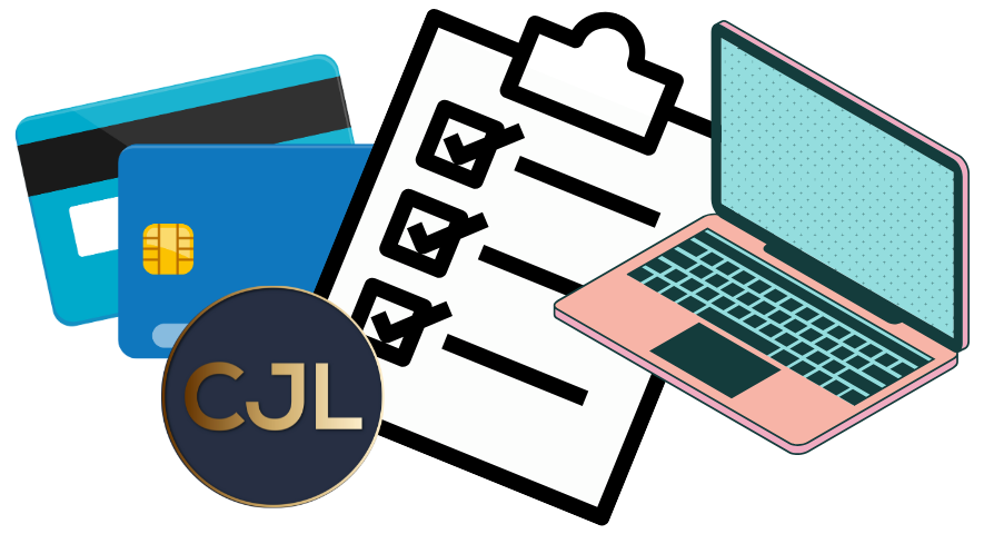 Cards, checklist, laptop, CJL logo