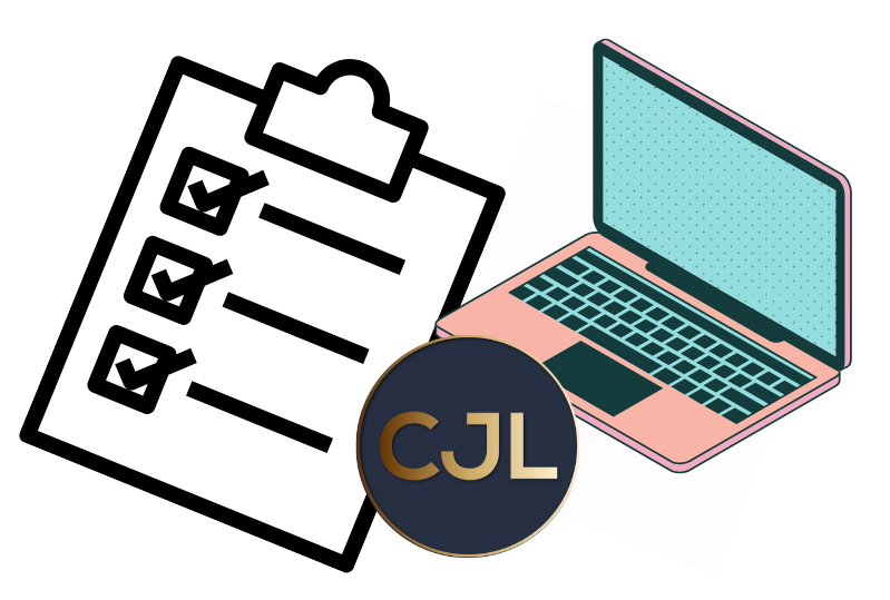 Checklist, laptop and CJL logo
