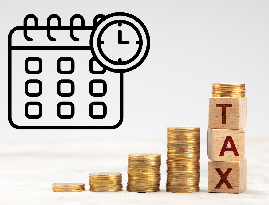 Calendar and clock graphic and piles of coins with the word tax