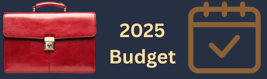 Red briefcase, 2025 Budget and calendar with tick on a dark blue background