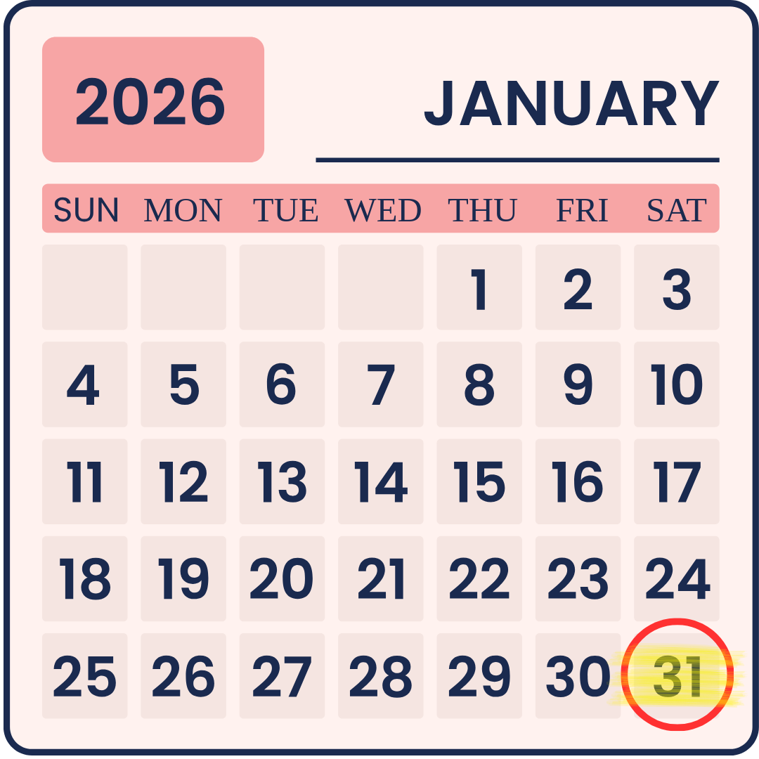 Pink calendar of January 2026 with 31st circled and highlighted
