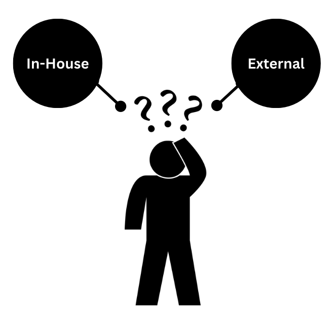 Cartoon person thinking about two options, in-house or external
