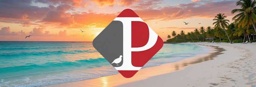 Partridge Accountancy logo with a blue shore line, white sand beach, palm trees and sunset sky.