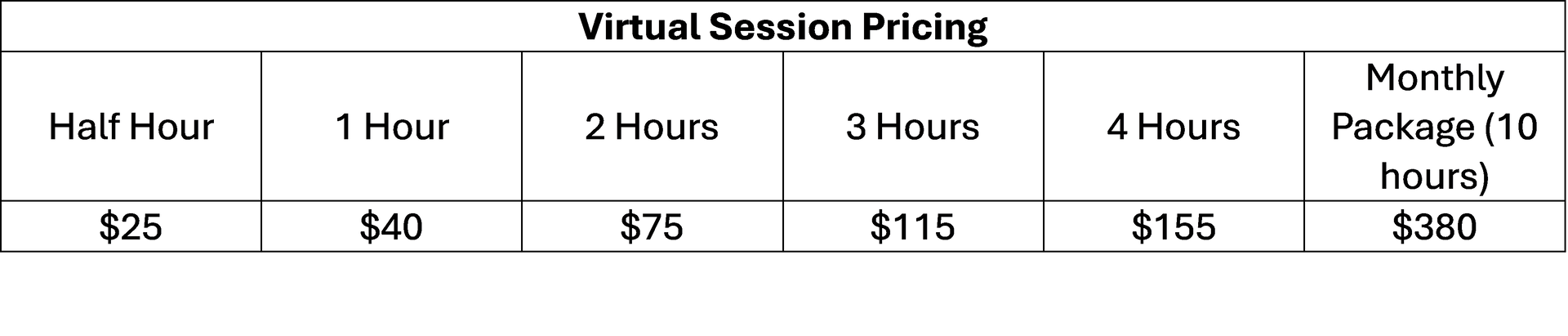 Virtual Session Pricing