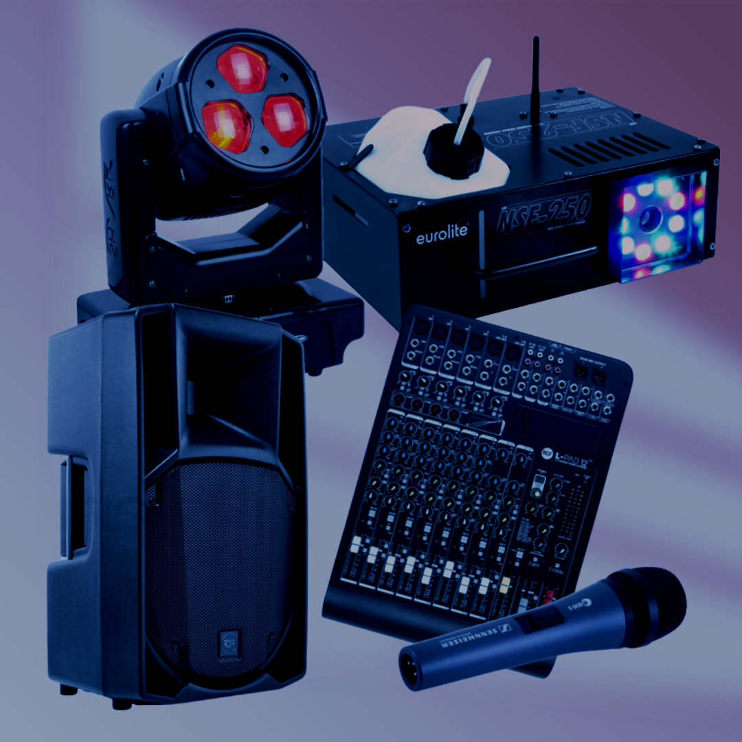 Zubehör suchen, wie Licht- und Nebeleffekte, Mikrofone, Mischpulte, aber auch Beamer, Stehtische und mehr