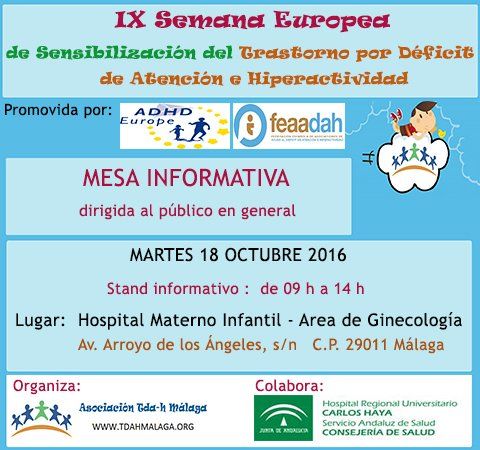 MESA INFORMATIVA SEMANA EUROPEA TDAH HOSPITAL MATERNO INFANTIL MALAGA ASOCIACION TDAH MALAGA