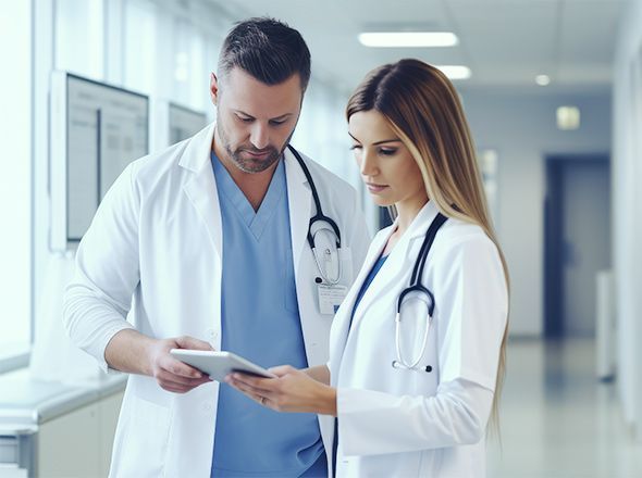 Praxisgründung und Übernahme - junger Arzt und junge Ärztin im Gespräch