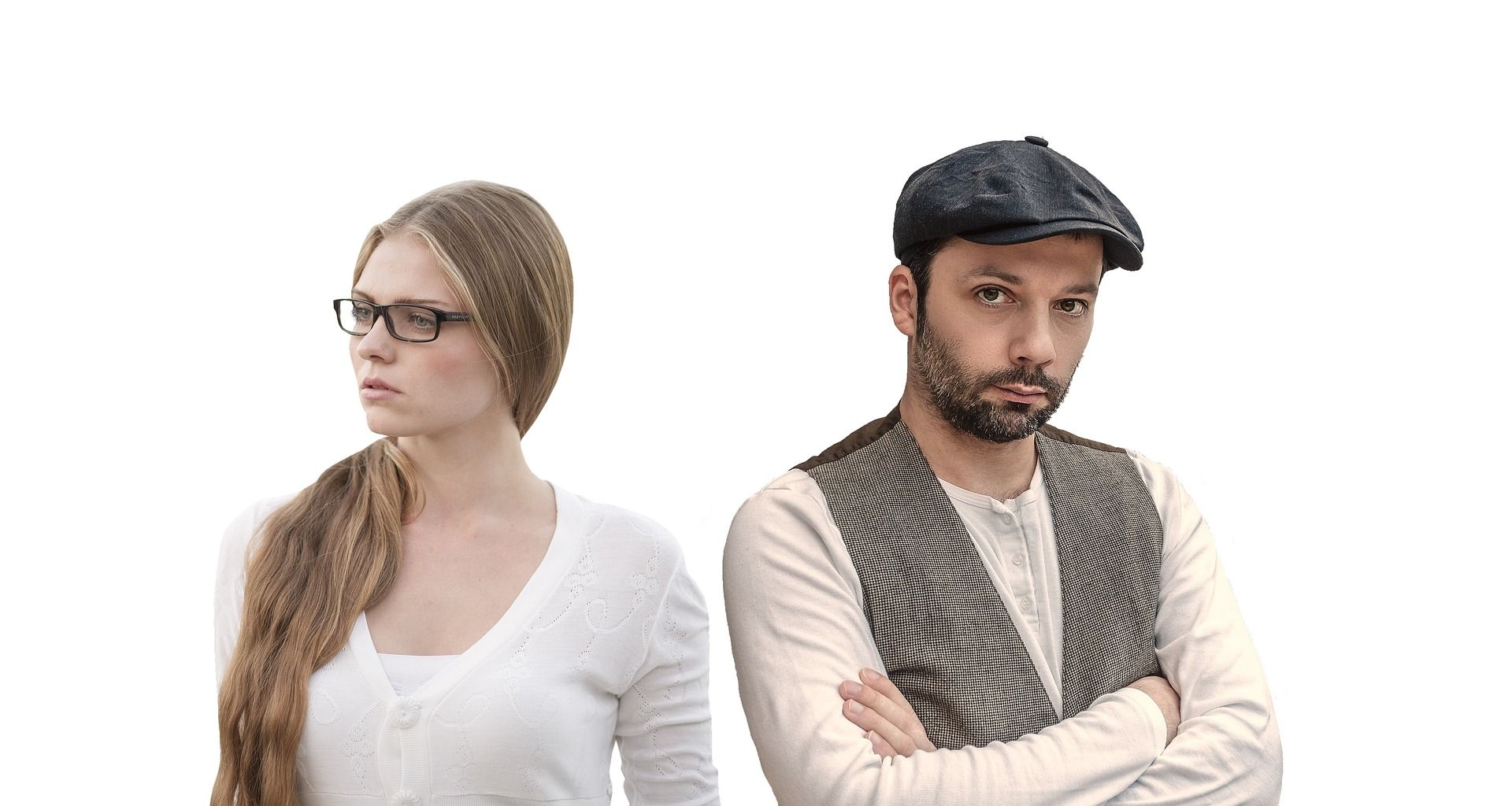 RLTMC Hero Image - When Couples counselling is not the right starting point, a couple is seen standing apart from each other. Both with very unhappy expressions, both on their faces and in their body language, likely wonder what to do next.