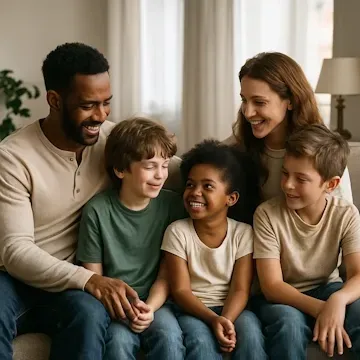 Read more details about this service A blended family of five sitting together in a cozy living room with soft light