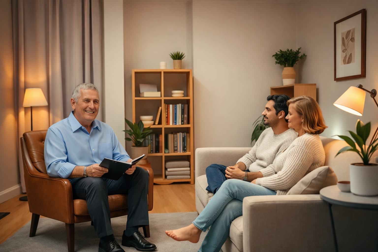 RLTMC- Hero Imag for the Welcome page, Image depicts an office space that is warm and comfortable, the Counsellor Rick Martin sitting with a couples ans expressing a pleasurable expression on their faces and in their body language.