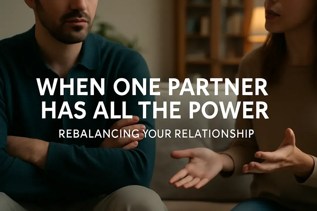 Power imbalance in relationships often goes unseen—until it’s felt. A couple stands apart in their living room, one partner turned away while the other faces them, highlighting emotional distance and imbalance.