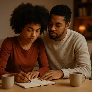 Read more details about this service Young interracial couple sitting on a bench talking openly in soft natural light