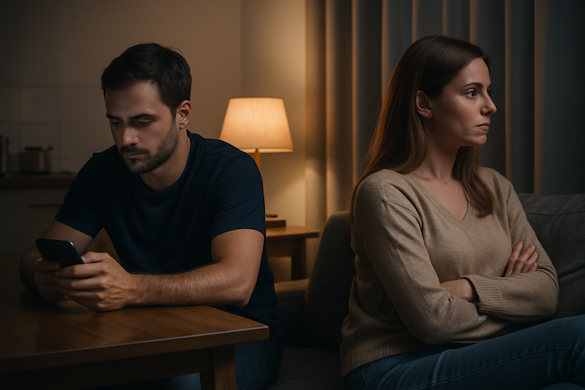 When you live together, but feel worlds apart. A couple sits silently in the same room, facing away from each other, lost in separate worlds—capturing the emotional distance of roommate syndrome.