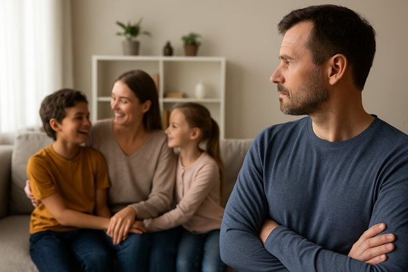 When love isn’t the problem—but feeling like family still is. A stepparent stands apart while a biological parent engages with their children, capturing the emotional distance and outsider experience common in blended families.