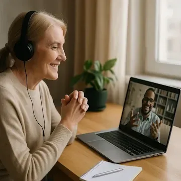 Read more details about this service A woman attending an online counselling session from home via a laptop