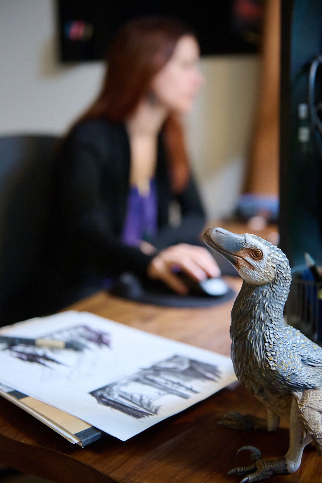 Gaelle Seguillon devant son ordinateur avec des dessins et un velociraptor en premier plan
