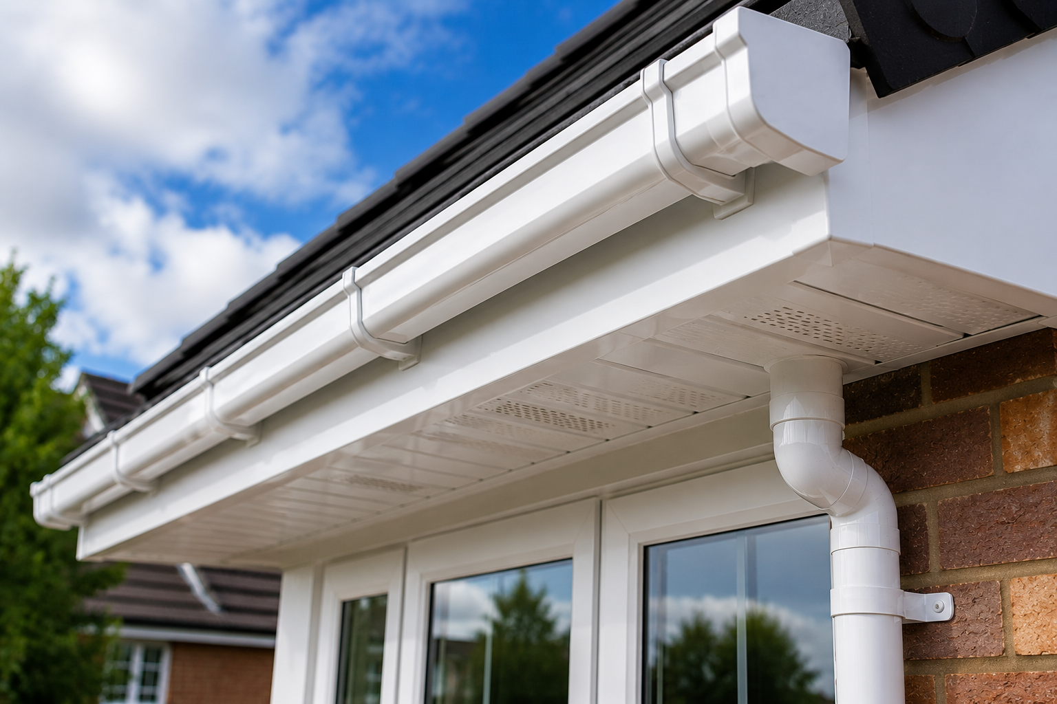 UPVC roofline installation in Exeter with fascias, soffits, guttering and downpipes