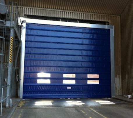 Blue Rapid Fold Door Installed by Cambridge Door Services Ltd