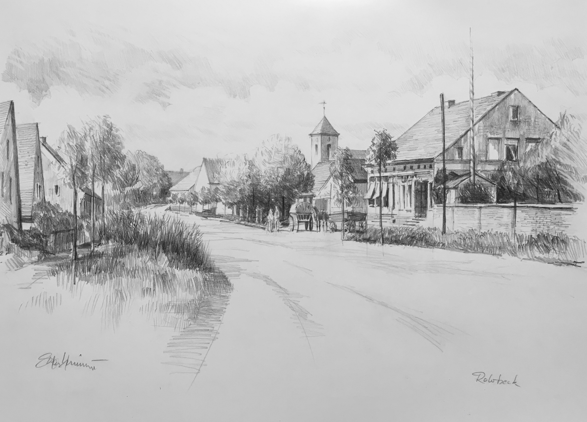 Dorfstraße Rohrbeck (Ansicht 1907) (Bleistift, DIN A3, 2021) Dorfstraße Rohrbeck (Ansicht 1907) (Bleistift, DIN A3, 2021)