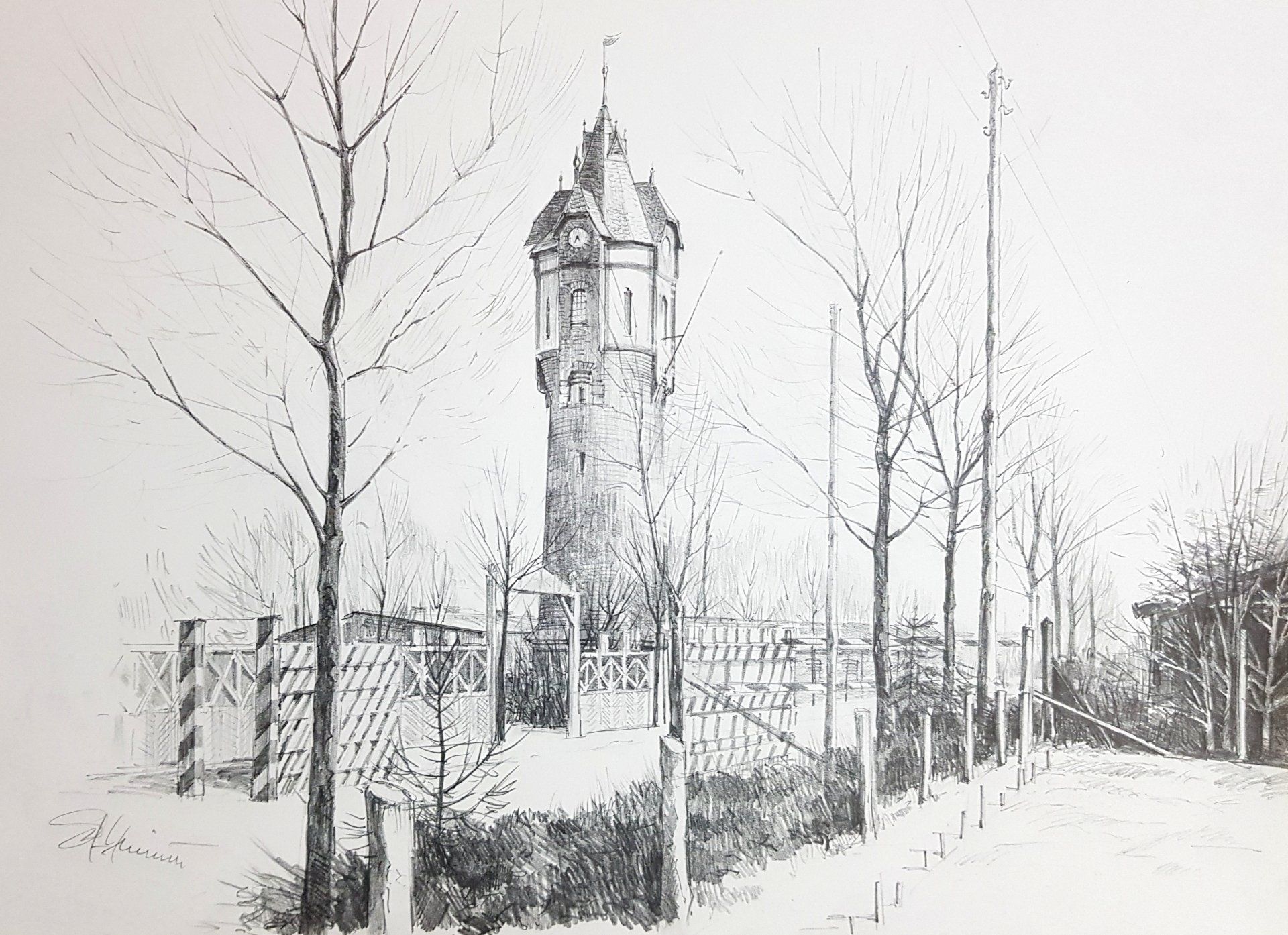 Nordtor mit Wasserturm (Jahr unbekannt) (heute Wilhelmstraße, Dallgow-Döberitz) (Bleistift, DIN A3, 2021) Nordtor mit Wasserturm (Jahr unbekannt) (heute Wilhelmstraße, Dallgow-Döberitz) (Bleistift, DIN A3, 2021)